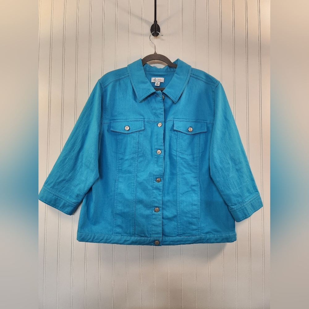 Denim &‎ Co. Women's Turquoise Jean Jacket Metal Button Up 3/4 Sleeve Size L